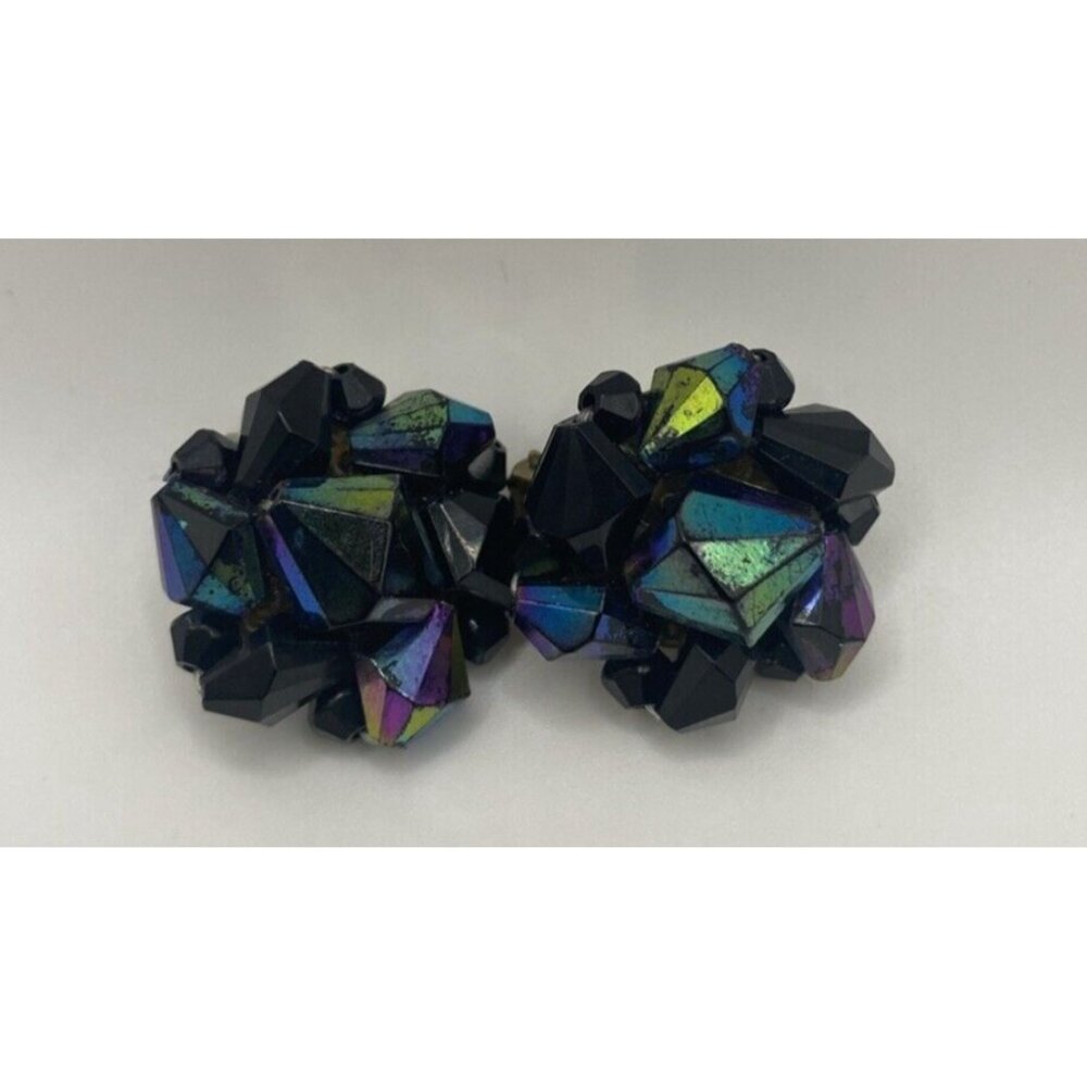 Vintage Clip on Earrings Black Glass Oil Slick West German Beads Peacock Retro - Picture 6 of 10